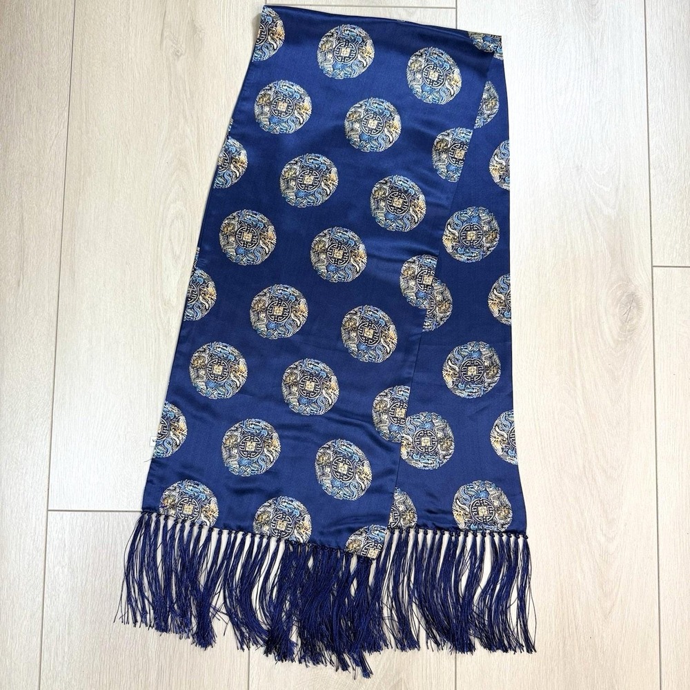 Vintage Blue Dragon Silk Scarf Medallion Print Tassel Fringe‎ Rectangular 49x11